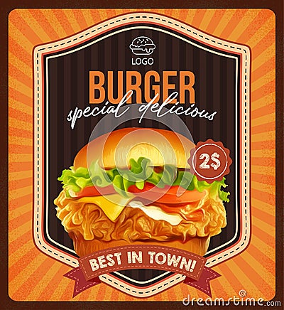 Vintage burgers retro poster style design template Vector Illustration