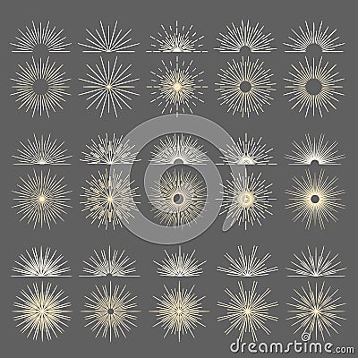 Vintage bursting rays firework flat icons set. Graphic symbols half sun sunset spark starburst explosion. Retro design Cartoon Illustration