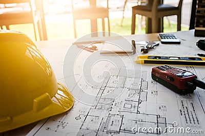 Vintage business desk of engineer contractor. Stock Photo