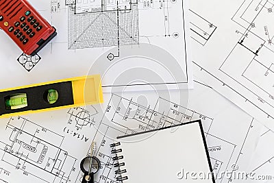 Vintage business desk of engineer contractor. Stock Photo