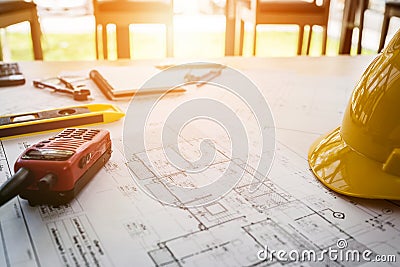 Vintage business desk of engineer contractor. Stock Photo