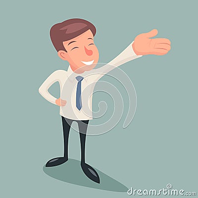 Vintage Businessman Character Hand Presentation Demonstration Designation Icon on Stylish Background Retro Cartoon Vector Illustration