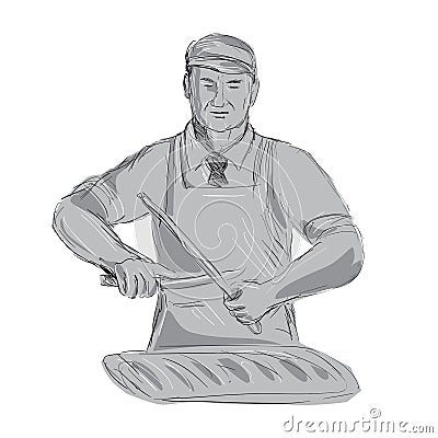 Vintage Butcher Sharpen Knife Drawing Vector Illustration