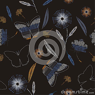 Vintage butterflies and flower in hand drawn paint polka dots ,brush,line,stripe,dash pattern with sketch mood seamless pattern v Stock Photo