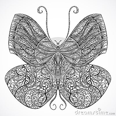 Vintage butterfly with floral abstract ornament. Black and white vector Vector Illustration