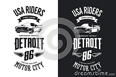 Vintage cabriolet vehicle black and white isolated t-shirt vector logo. Vector Illustration