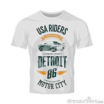 Vintage cabriolet vehicle vector logo on white t-shirt mock up. Vector Illustration