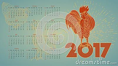 2017 Vintage calendar with red rooster. Cartoon Illustration