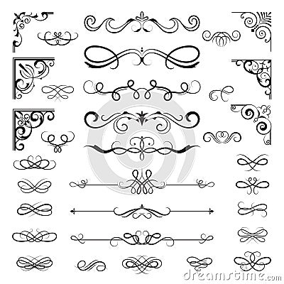 Vintage calligraphic borders. Floral dividers and corners for decoration designs ornate vector elements Vector Illustration