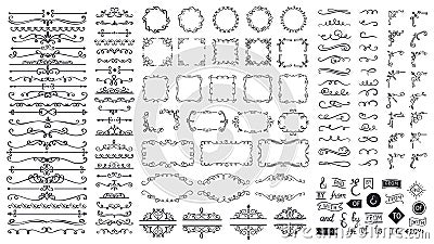 Vintage calligraphic elements. Decorative frames, flourish dividers, borders. Beautiful swirls, sinks decorated Vector Illustration