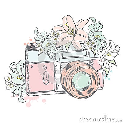 Vintage camera with flowers. Vector illustration. Vector Illustration