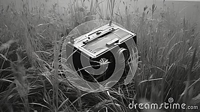 Vintage Camera In Tall Grass: Charming Realism Captured In Black And White Stock Photo