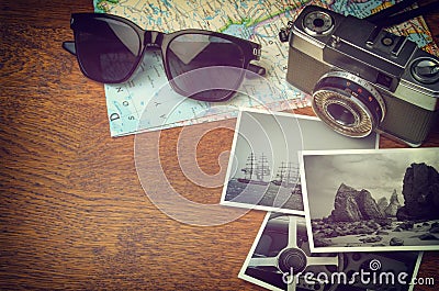 Vintage Camera and Map Stock Photo