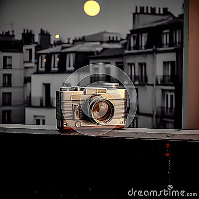 Vintage Camera and Parisian Rooftops at Night. Generative AI Stock Photo