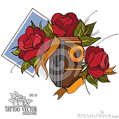 Vintage camera and roses. Colorful picture old camera and a bouquet of roses. Tattoo. Color illustration Cartoon Illustration