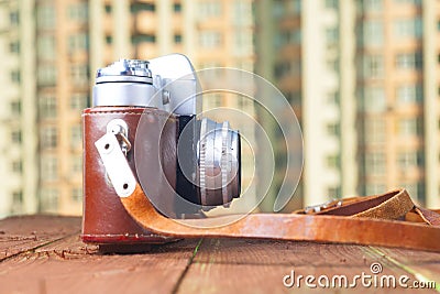 Vintage camera on table. Copy space. Stock Photo