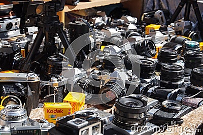 Vintage cameras DLSR in Portobello market Editorial Stock Photo