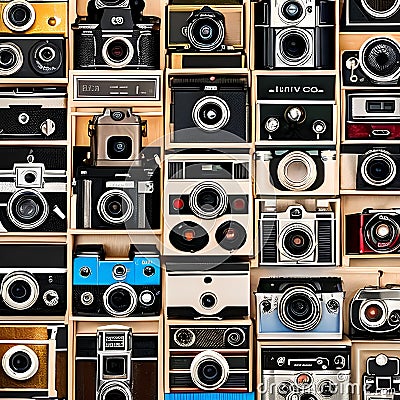 1518 Vintage Cameras: A retro and photography-themed background featuring vintage cameras, film reels, and retro photography acc Stock Photo