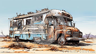 Rusty Rv In Desert Detailed Comic Book Art By Bsl Stock Photo