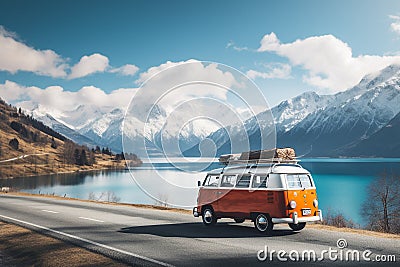Vintage campervan finds its idyllic resting spot against the backdrop of a breathtaking mountain landscape. Ai generated Stock Photo
