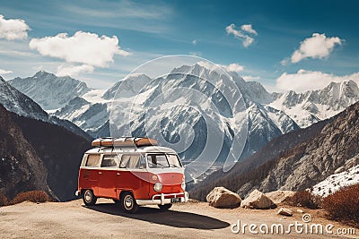 Vintage campervan finds its idyllic resting spot against the backdrop of a breathtaking mountain landscape. Ai generated Stock Photo