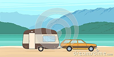 Vintage camping caravan and car Vector Illustration