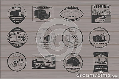 Vintage camping and outdoor adventure emblems, logos and badges. Camping equipment. Camp trailer in the forest on wood Vector Illustration