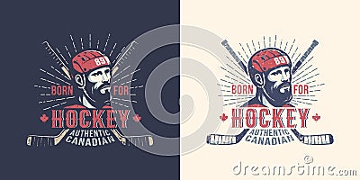 Vintage Canadian hockey logo with bearded player Vector Illustration