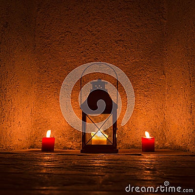 Vintage candlelit in metal lantern Stock Photo