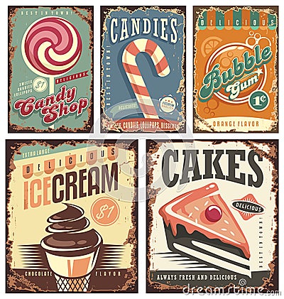 Vintage candy shop collection of tin signs Vector Illustration