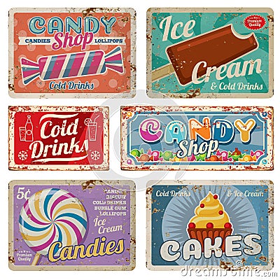 Vintage candy shop metal signs with rusty texture. Vector set Vector Illustration