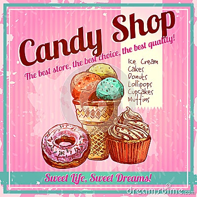 Vintage Candy Shop Poster Vector Illustration