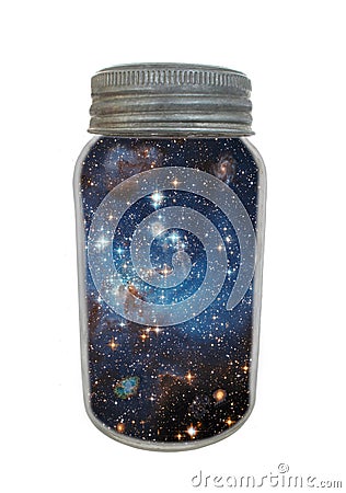 Vintage canning jar containing universe isolated. Stock Photo