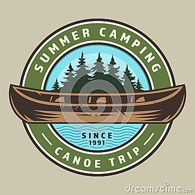 Vintage canoe trip round colorful logo Cartoon Illustration