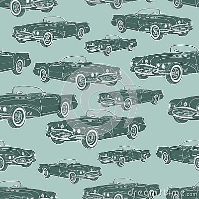 Vintage car cabriolet seamless pattern, retro cartoon background, monochrome. For the design of wallpaper, wrapper, fabric. Vector Vector Illustration