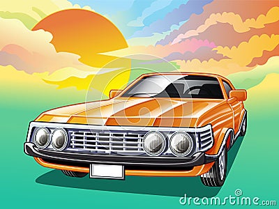 Vintage car on sky background in cartoon style. Vector Illustration