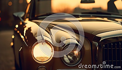 Vintage car chrome grille shines in the sunset golden light generated by AI Stock Photo