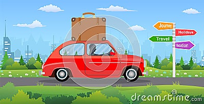 Vintage car on city background. Vector Illustration