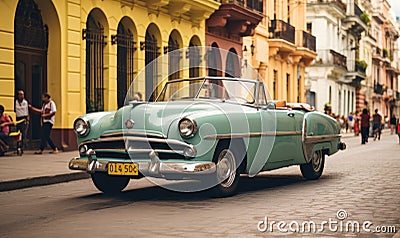 Vintage Car Driving Along the Street Stock Photo