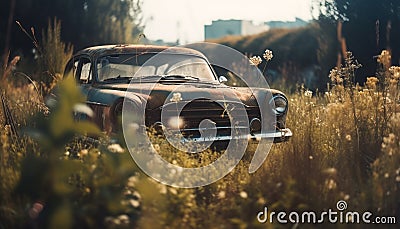 Vintage car driving through rustic meadow sunset generated by AI Stock Photo