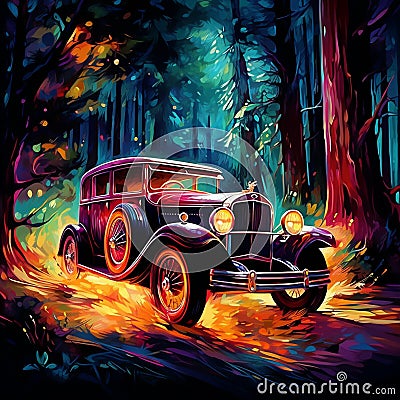 Vintage car engulfed in vibrant flames in a lush mystical forest Stock Photo