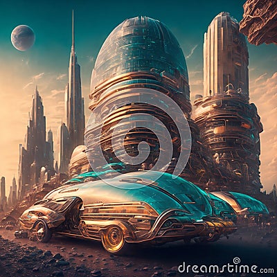 Vintage Car in Futuristic Cityscape Stock Photo