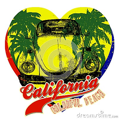 Vintage Car with Palm Tree. Summer California Yellow Hearts Graphic Design Vector Illustration