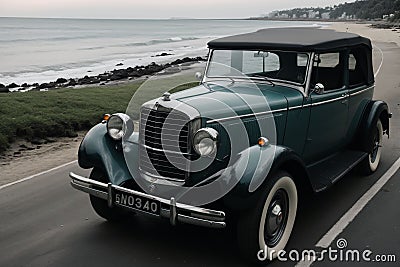 A vintage car parked by the beach Stock Photo