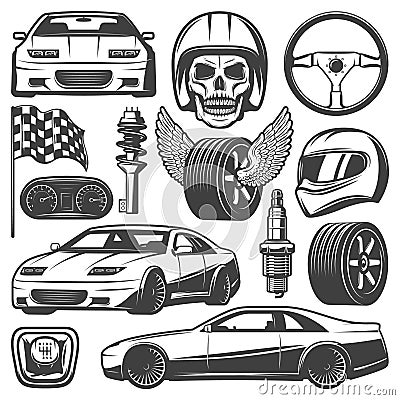 Vintage Car Racing Icons Set Vector Illustration