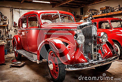 Vintage car restoration. meticulous craftsmanship in rustic workshop Stock Photo