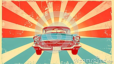 Vintage car with retro sunburst background Stock Photo