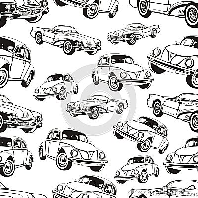 Vintage car seamless pattern, black and white retro cartoon background, coloring book, monochrome drawing. cars on a . For the Vector Illustration