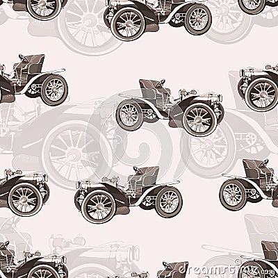 Vintage car seamless pattern, old retro drawing machine, cartoon vector background, monochrome. Illustration in style sepia. For Vector Illustration