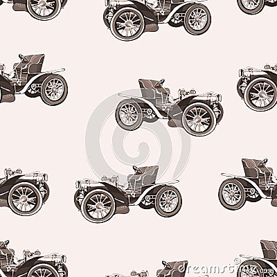 Vintage car seamless pattern, old retro drawing machine, cartoon vector background, monochrome. Illustration in style sepia. For Vector Illustration